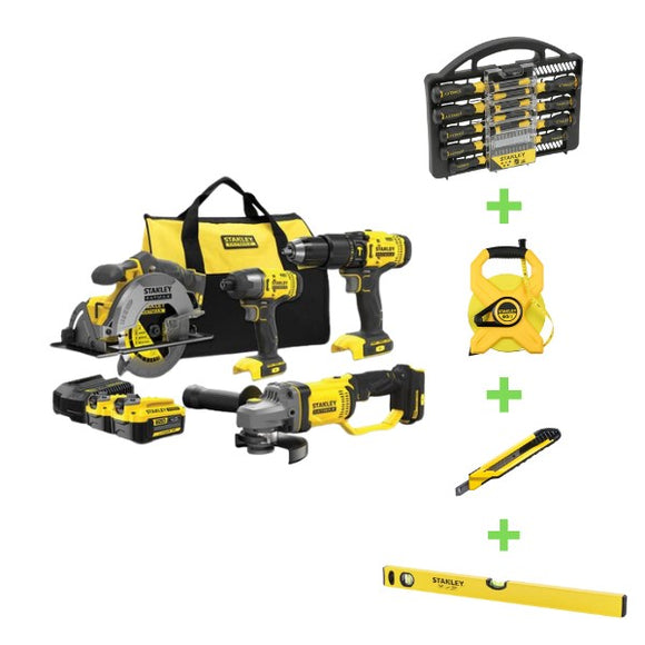The All Rounder -  STANLEY FATMAX 18V Combo Hammer + Impact Drill + Circular Saw + Grinder+60m Long Tape + 80cm Spirit Level+ 34 Piece Screw Driver Set + Stanley Snap off Knife