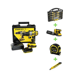 The Weekend Warrior - STANLEY 18V Cordless Hammer Drill with Metal Chuck+ 2x2Ah Battery + Kitbox+ Fatmax V20 Random Orbital Sander - No Battery + 34 Piece Screw Driver Set + 8m Measuring Tape + Stanley Snap off Knife