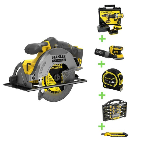 The Woodworker Starter Pack - STANLEY 18V Cordless Hammer Drill with Metal Chuck+ 2x2Ah Battery + Kitbox+ Fatmax V20 Circular Saw Bare + Fatmax V20 Random Orbital Sander - No Battery+34 Piece Screw Driver Set + 8m Measuring Tape + Stanley Snap off Knife
