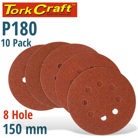 SANDING DISC 150MM 180 GRIT WITH HOLES 10/PK HOOK AND LOOP