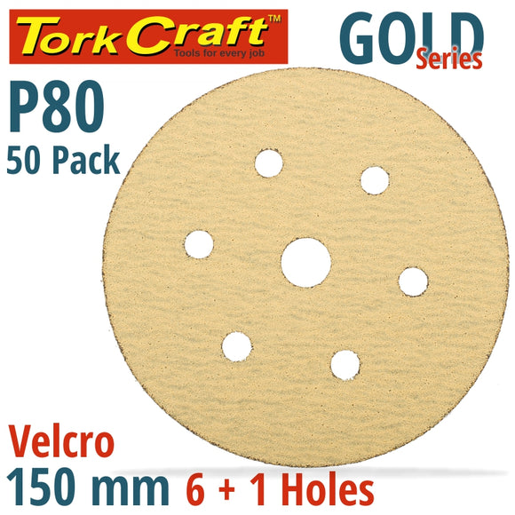GOLD DISC (50 PIECES) 80 GRIT 150MM X 6+1 HOLES HOOK AND LOOP