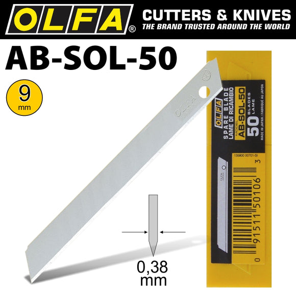OLFA BLADES SOLID 9MM IN PLASTIC CASE 50/PK 9MM