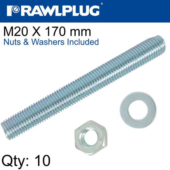 STUD M 20 X 170 X10 PER BOX WITH NUTS AND WASHERS