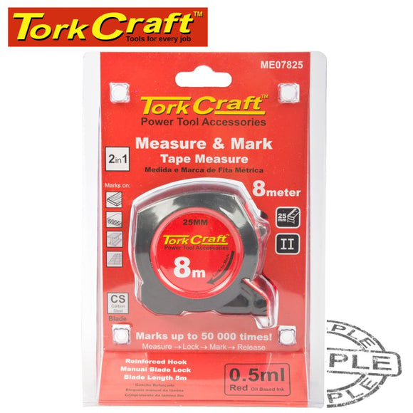 MEASURING TAPE WITH  MARKER 8M X 25MM RUBBER CASING MATT FINISH