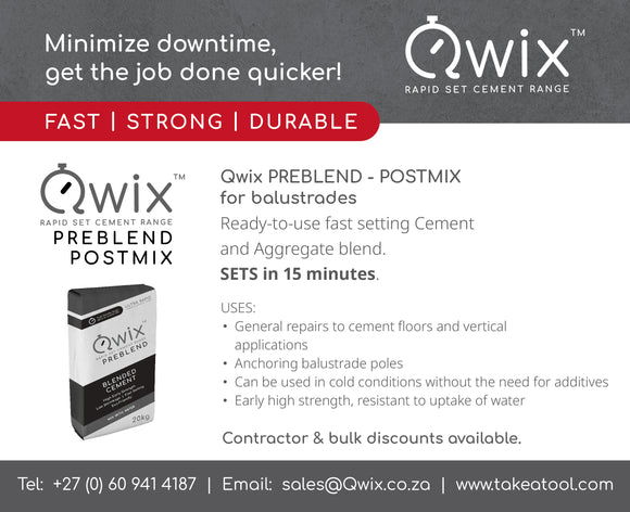 QWIX Preblend Postmix - Ready-to-use fast setting Cement and Aggregate blend.